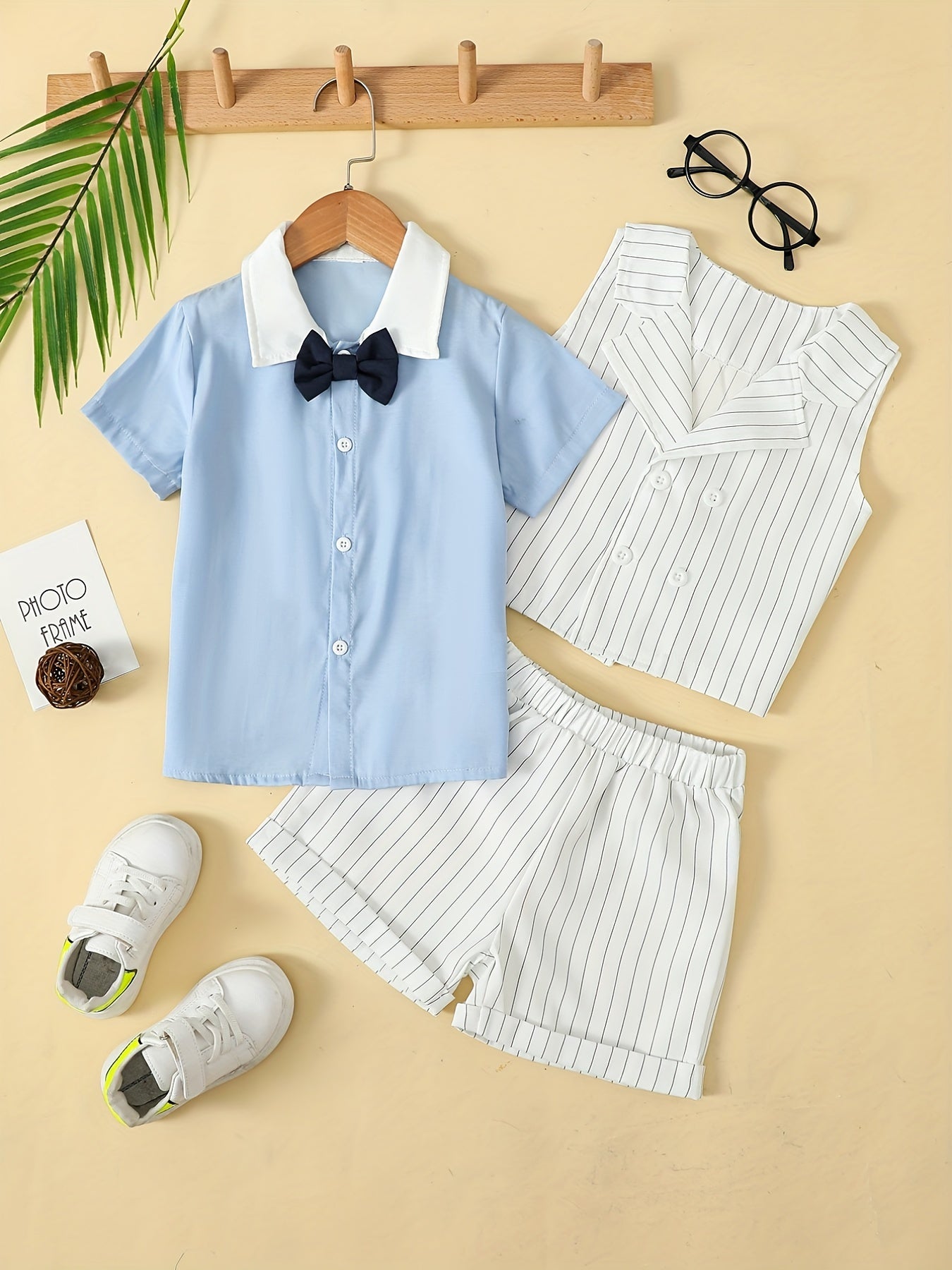 Boys Striped Outfit Short Sleeves Shirt & Vest & Shorts Set