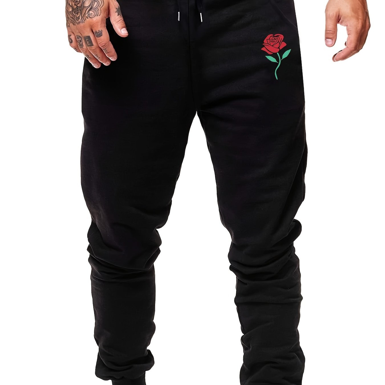 Men's Rose Print Drawstring Sweatpants Active Jogger Pants