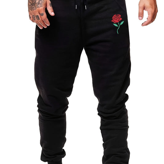 Men's Rose Print Drawstring Sweatpants Active Jogger Pants