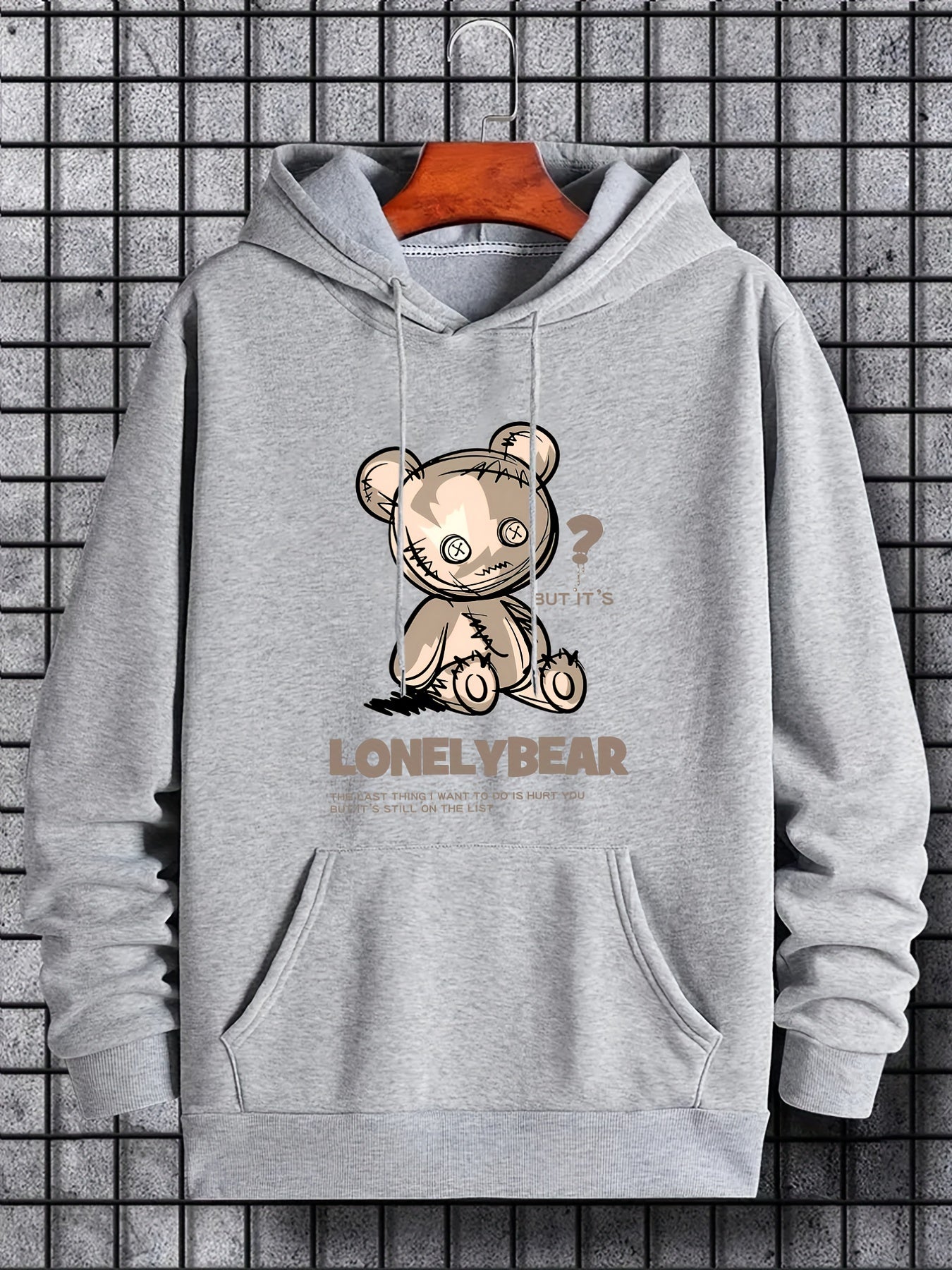 Lonely Bear Print Hoodie Pullover Sweatshirt Men Streetwear