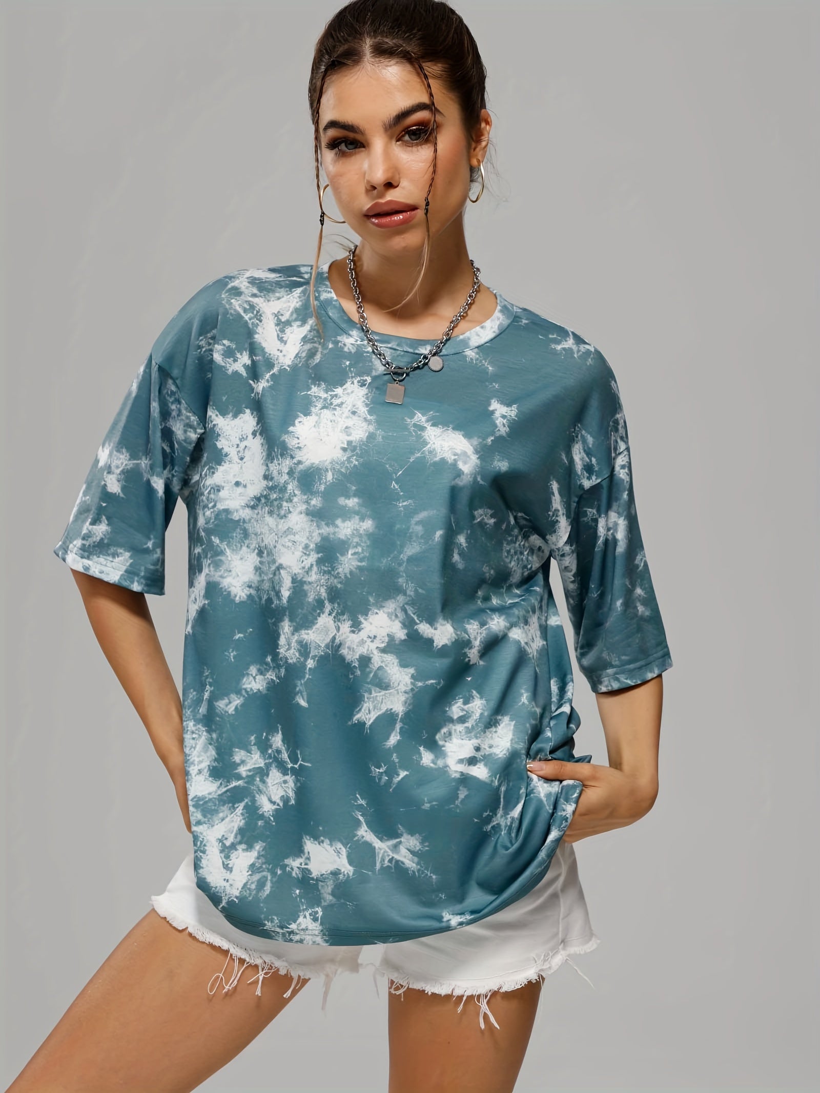 Tie Dye Full Print Sports T-Shirt Crew Neck Short Sleeve Casual Top