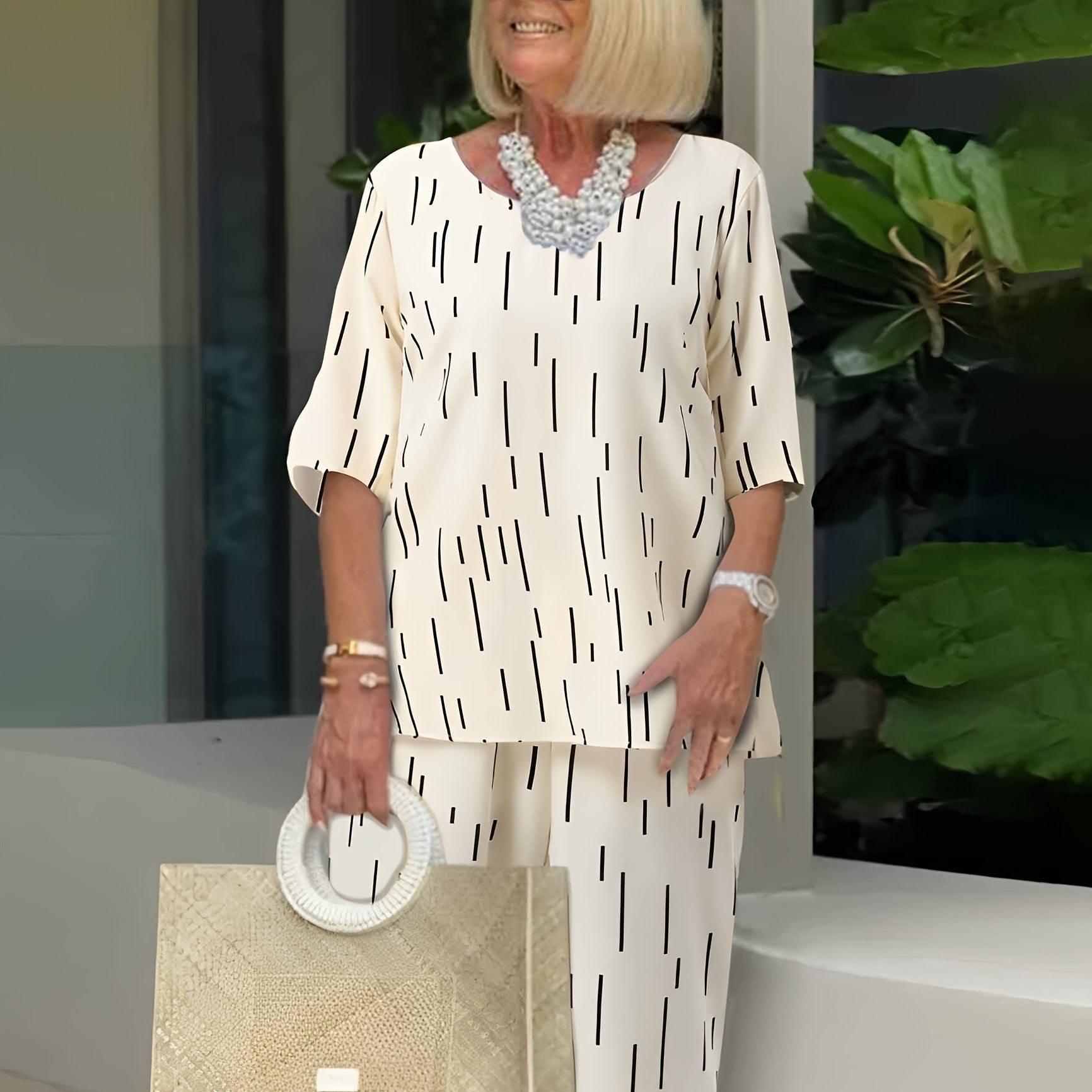 Casual Stripe Matching Two piece Set Crew Neck Tee & Wide Leg Pants