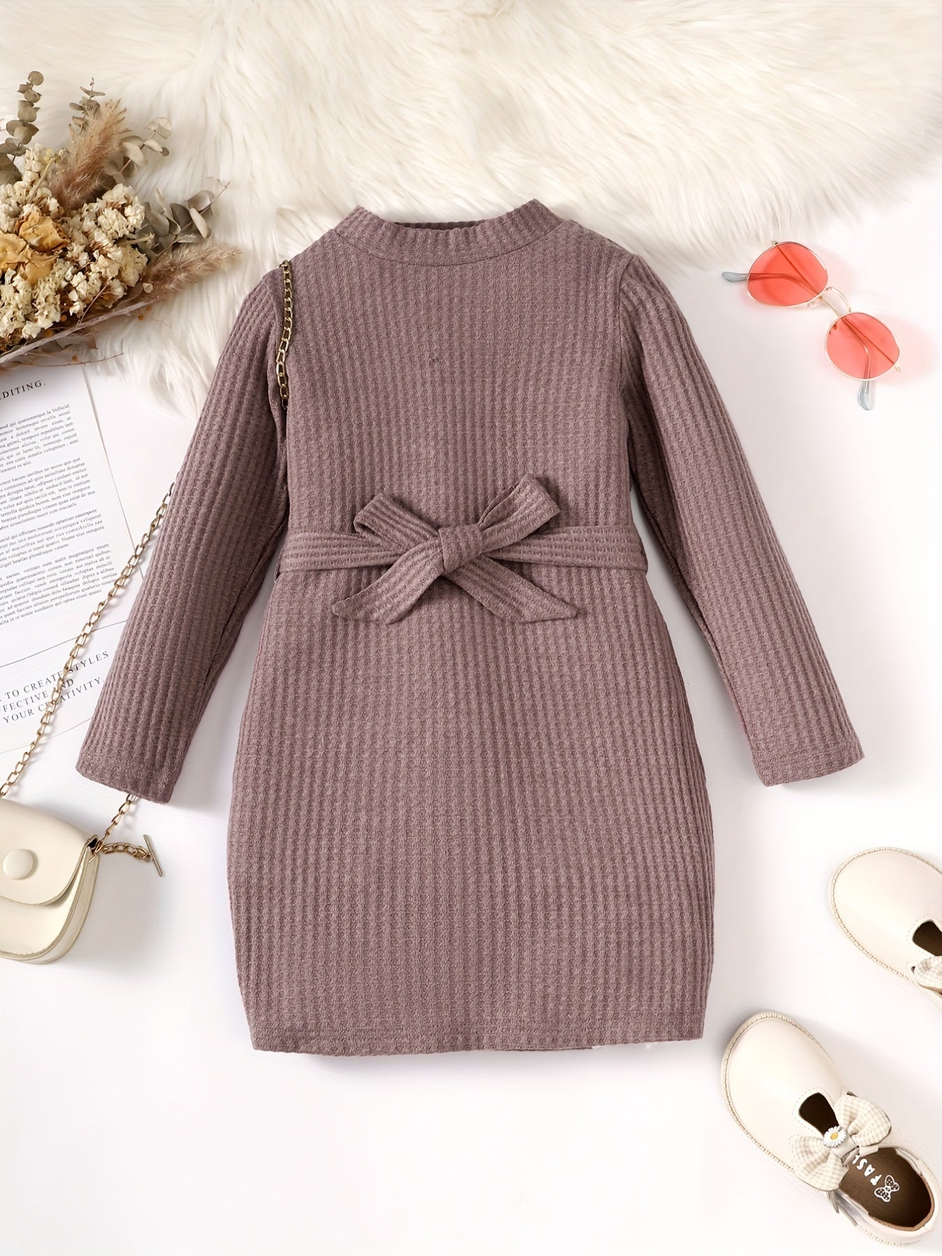 Toddler Girls Waffle Knit Dress With Belt