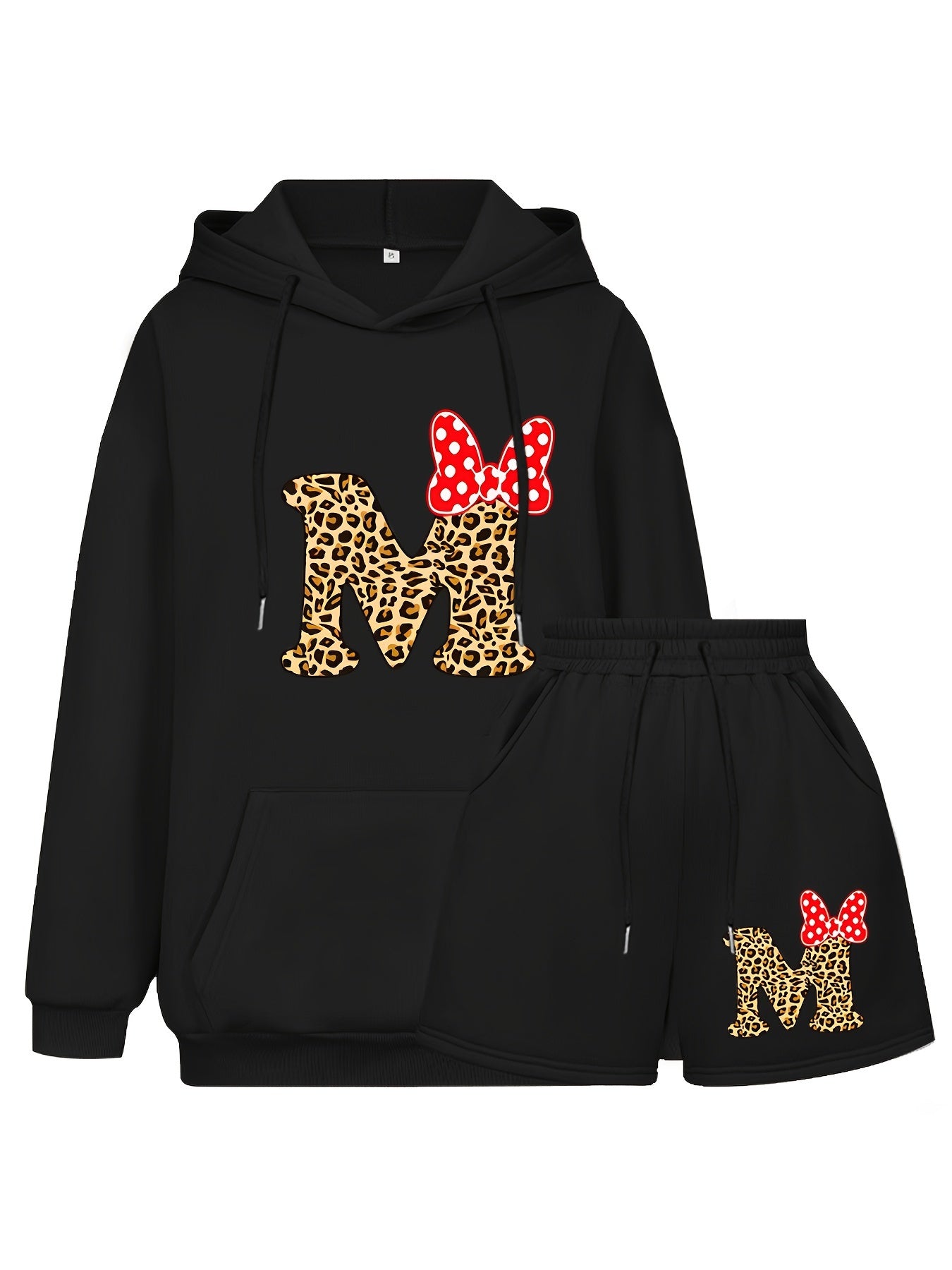 Women's Plus Letter & Bow Print Hoodie & Shorts Outfit Set