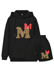 Women's Plus Letter & Bow Print Hoodie & Shorts Outfit Set