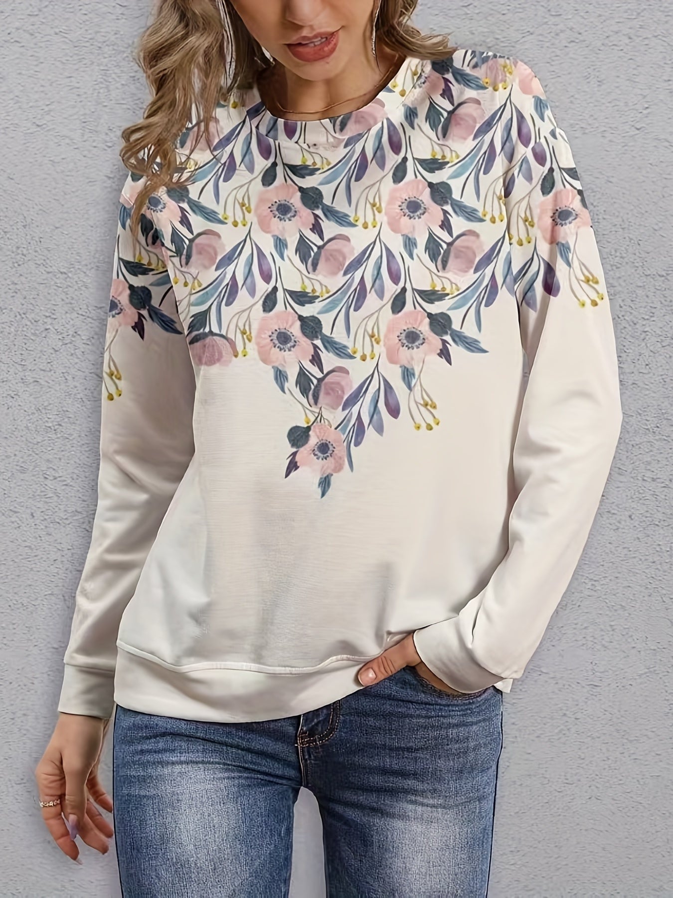 Floral Print Crew Neck Sweatshirt for Women