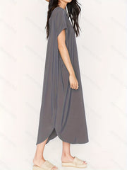 Dark Gray V Neck High Strech Beach Dress Short Sleeve Cover Up Women's Swimwear