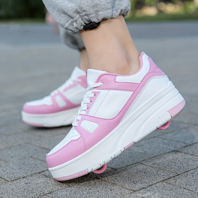 Girl's Lace Up Roller Shoes Comfy Detachable Wheel Skate Sneakers For Kids Teen