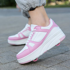 Girl's Lace Up Roller Shoes Comfy Detachable Wheel Skate Sneakers For Kids Teen