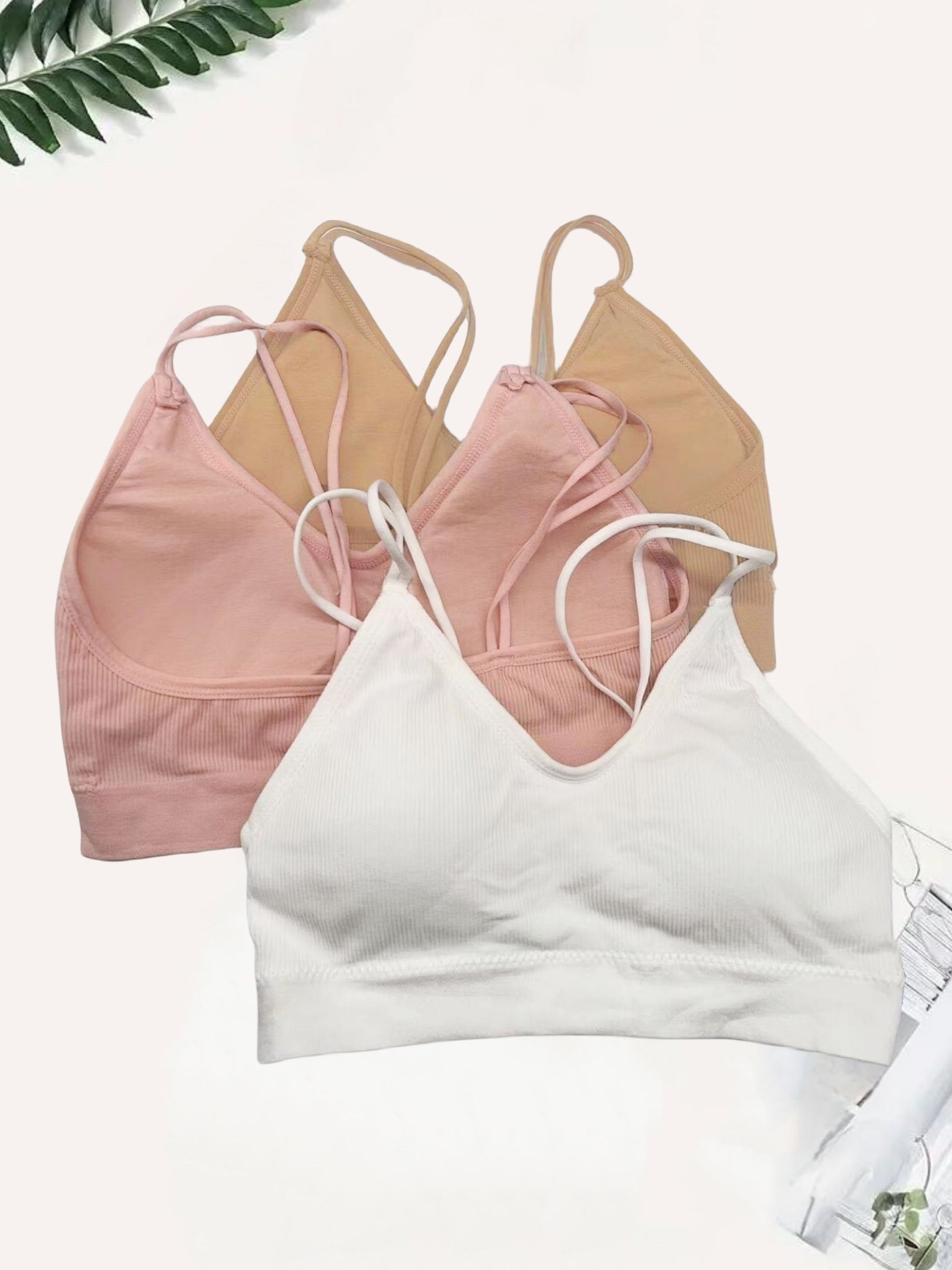 3pcs Solid Ribbed Wireless Bras Double Straps Lingerie