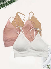 3pcs Solid Ribbed Wireless Bras Double Straps Lingerie