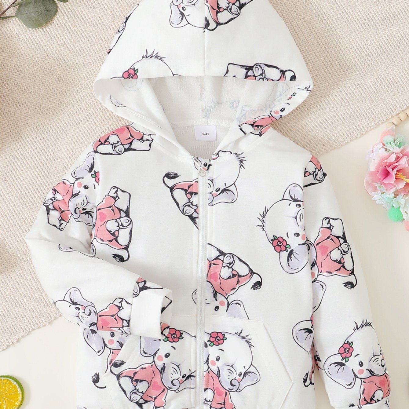 Elephant Print Zip Up Hooded Jacket for Toddler Girls