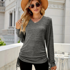 Casual Knit Top Women's Plus Solid Side Tie Ruched Long Sleeve