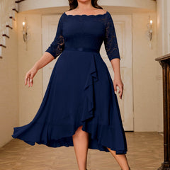 Contrast Lace Off Shoulder Ruffle Trim Formal Dress