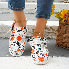 Women's Halloween Pumpkin Skull Print Flats Slip On Loafers