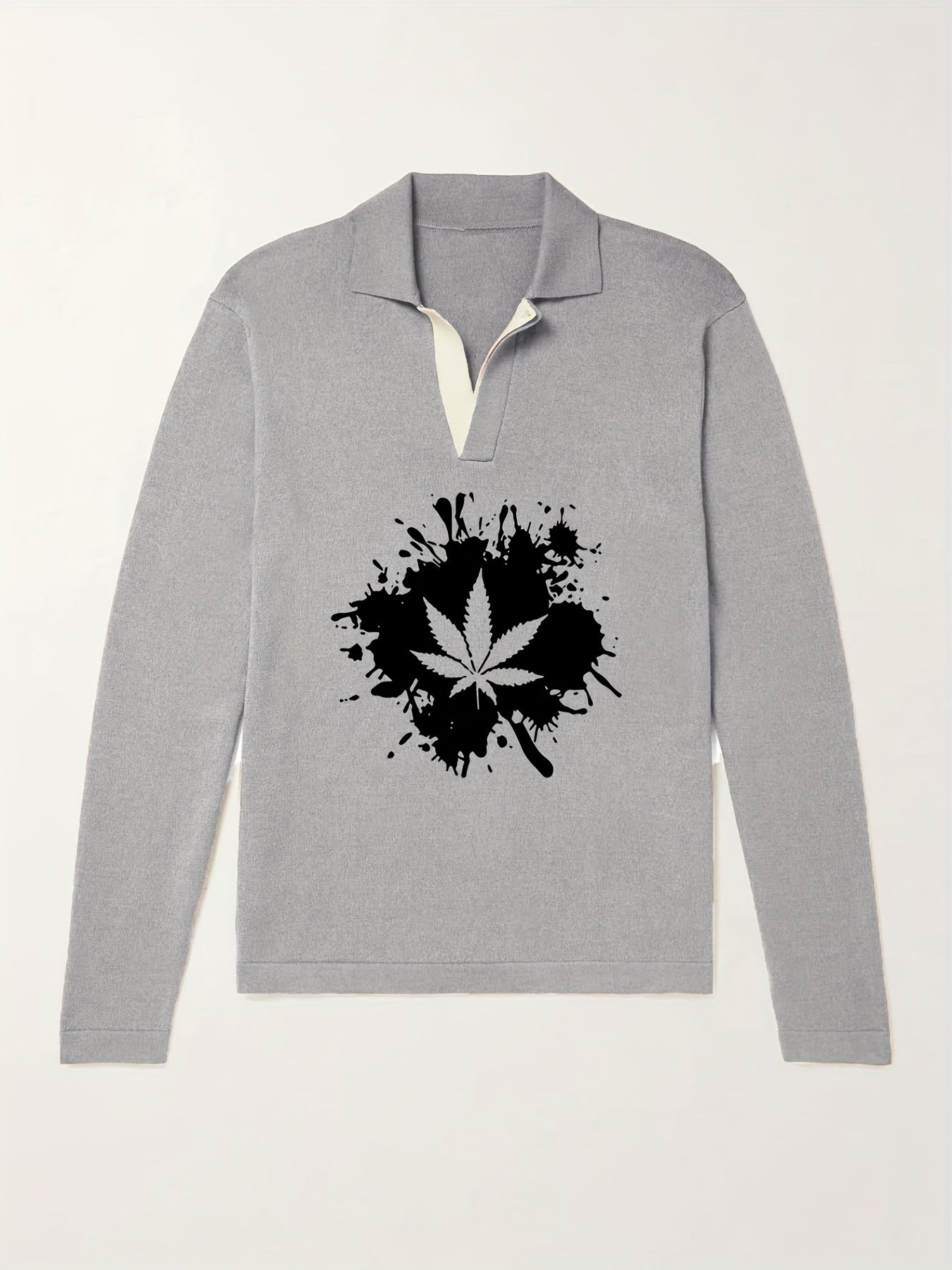 Leaf Pattern Knit Polo Shirt Men's Casual Lapel Sweater
