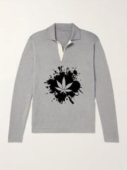 Leaf Pattern Knit Polo Shirt Men's Casual Lapel Sweater