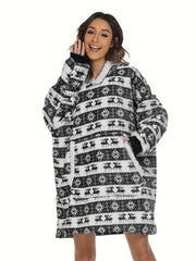 Elk Print Long Sleeve Hooded Top with Pockets Women's Loungewear
