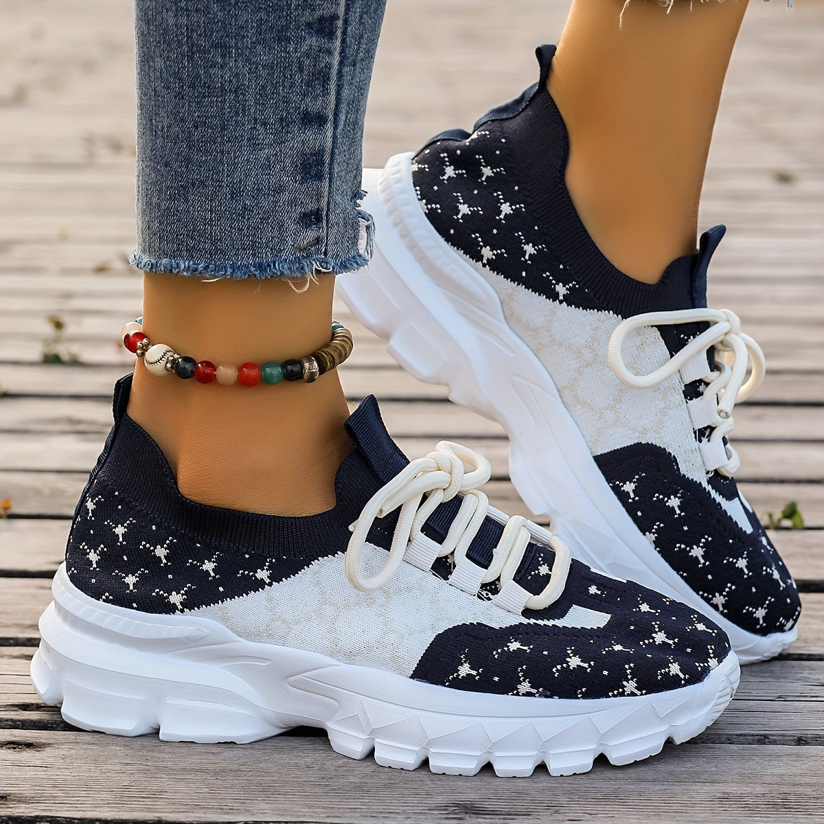 Women's Printing Flying Woven Running Shoes Chunky Sneakers