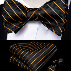 Men's Golden Paisley Silk Bow Tie Hankerchief Cufflink Wedding Set