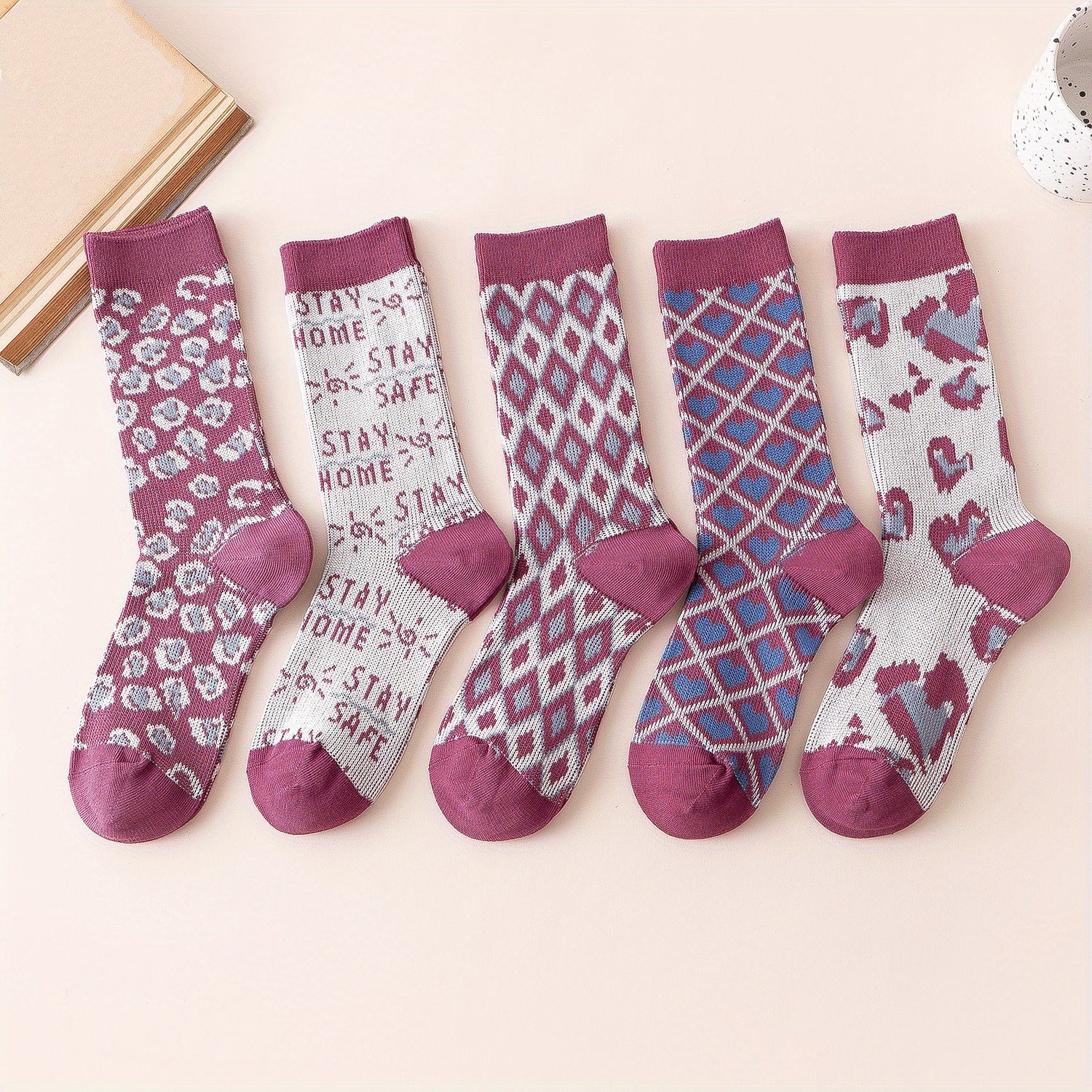 Leopard & Argyle Socks 5 Pairs Comfy Breathable Mid Tube Women's Stockings