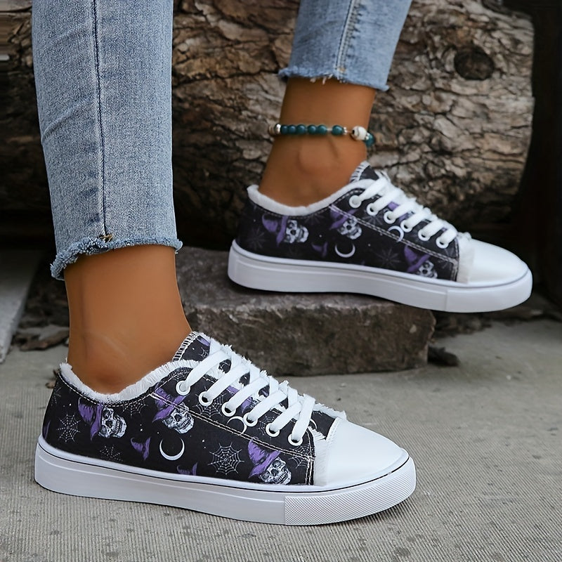 Women's Skull Print Canvas Shoes Low Top Halloween Shoes