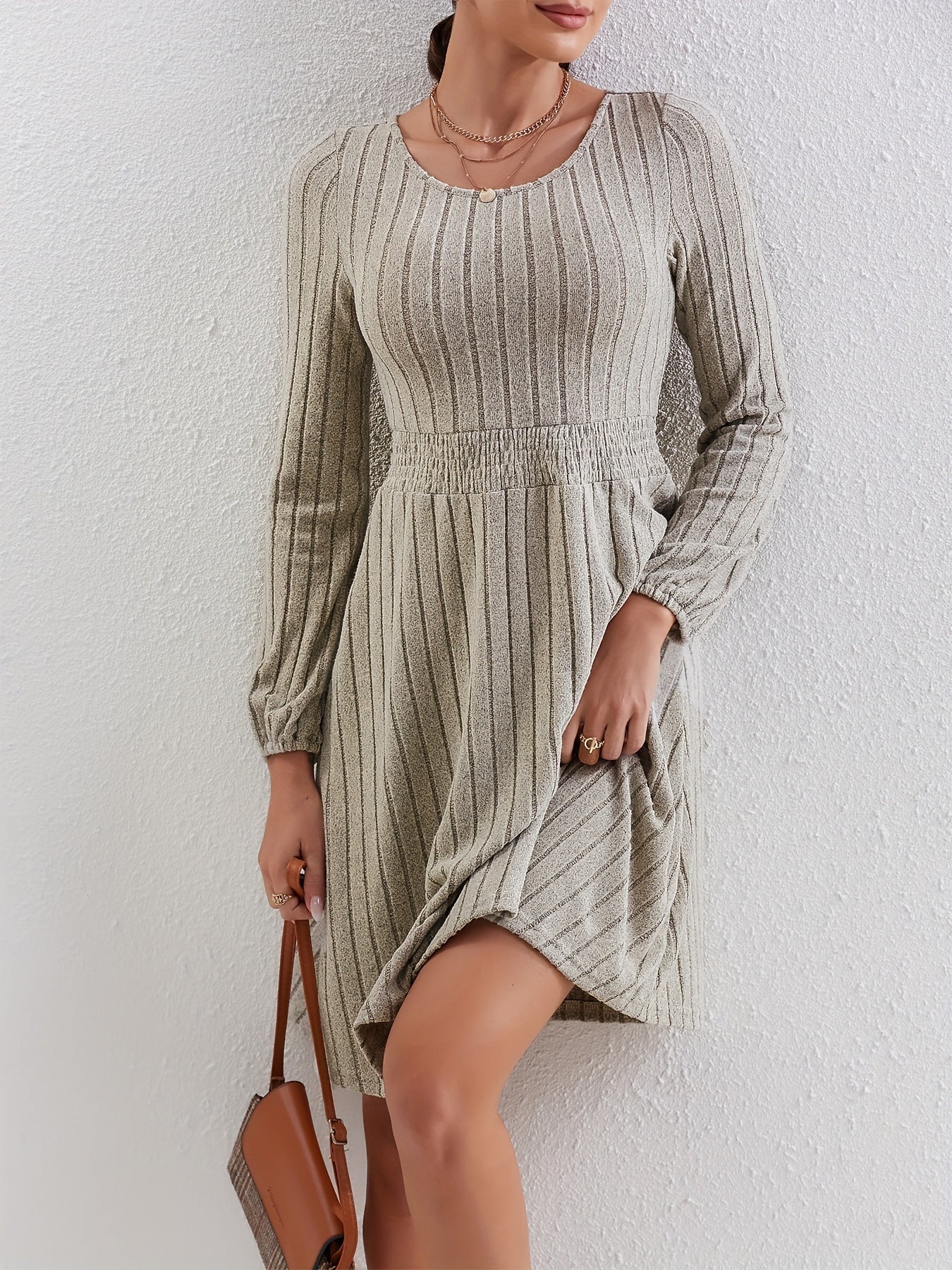 Solid Crew Neck Shirred Waist Dress Casual Every Long Sleeve Dress