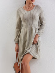 Solid Crew Neck Shirred Waist Dress Casual Every Long Sleeve Dress