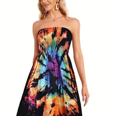 Tie Dye Print Tube Dress Sleeveless Casual Pleated Dress for Summer