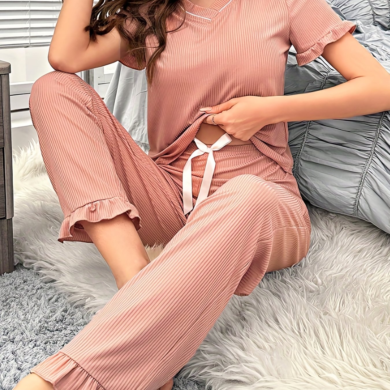 Solid Lounge Set Short Sleeve V Neck Top & Elastic Waistband Pants