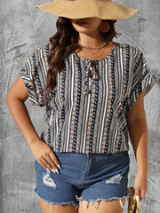 Boho Blouse Womens Tribal Print Short Sleeve Keyhole Tie V Neck T Shir