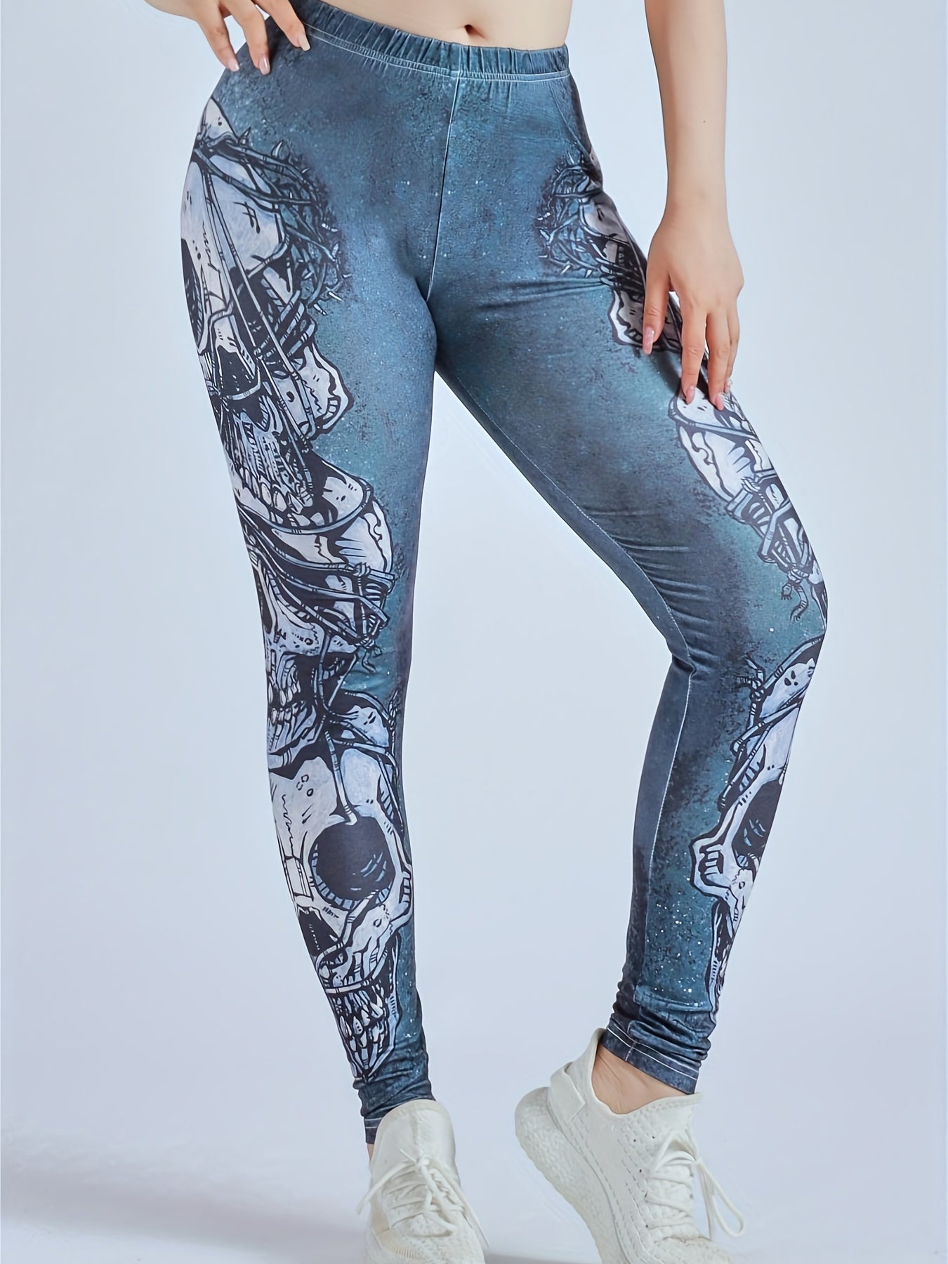 Floral & Skull Print Skinny Leggings Casual Every Stretchy Leggings