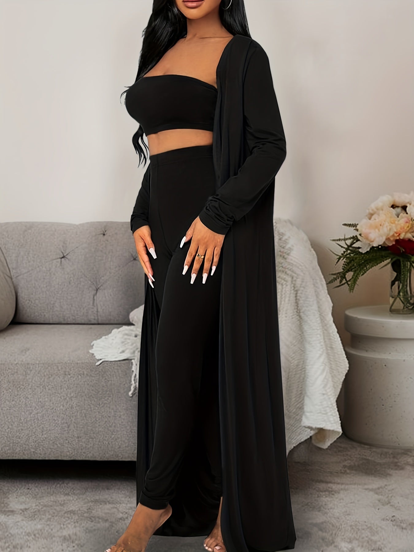 Women's Solid Lounge Set Long Sleeve Robe & Crop Top & Shorts