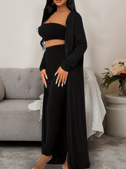 Women's Solid Lounge Set Long Sleeve Robe & Crop Top & Shorts