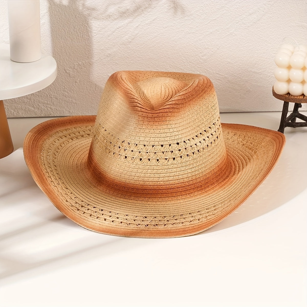 Gradient Jazz Cowboy Hat Vintage Western Straw Sun Hat Hollow Out Breathable Cla