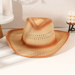 Gradient Jazz Cowboy Hat Vintage Western Straw Sun Hat Hollow Out Breathable Cla