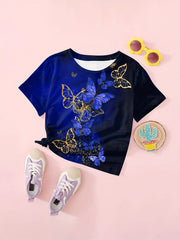 Butterfly Print Short Sleeve T shirt Girls Comfy Pullover Summer Clothes