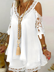 Cold Shoulder Lace Panel V Neck Dress