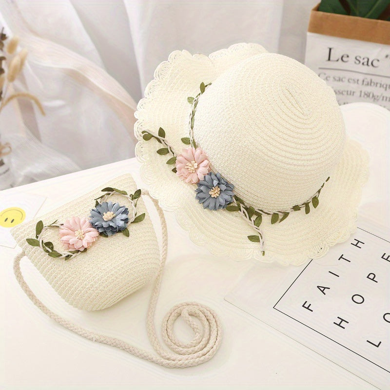 Girls Flowers Lace Trim Straw Hat & Bag Set UV Protection Sun Hat S