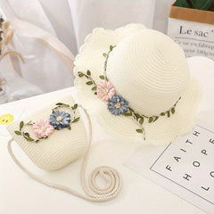 Girls Flowers Lace Trim Straw Hat & Bag Set UV Protection Sun Hat S