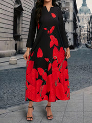 Plant Print V Neck Dress Long Sleeve Maxi Dress Women's Clothing