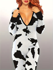 Cow Spot Print Pajama Jumpsuit V Neck Pajamas Women's Lingerie
