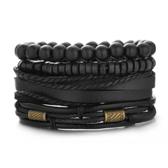 Men's Wooden Beaded Braided Leather Bracelet Set
