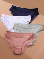 4pcs Lace Ribbed Briefs Women's Lingerie Panties