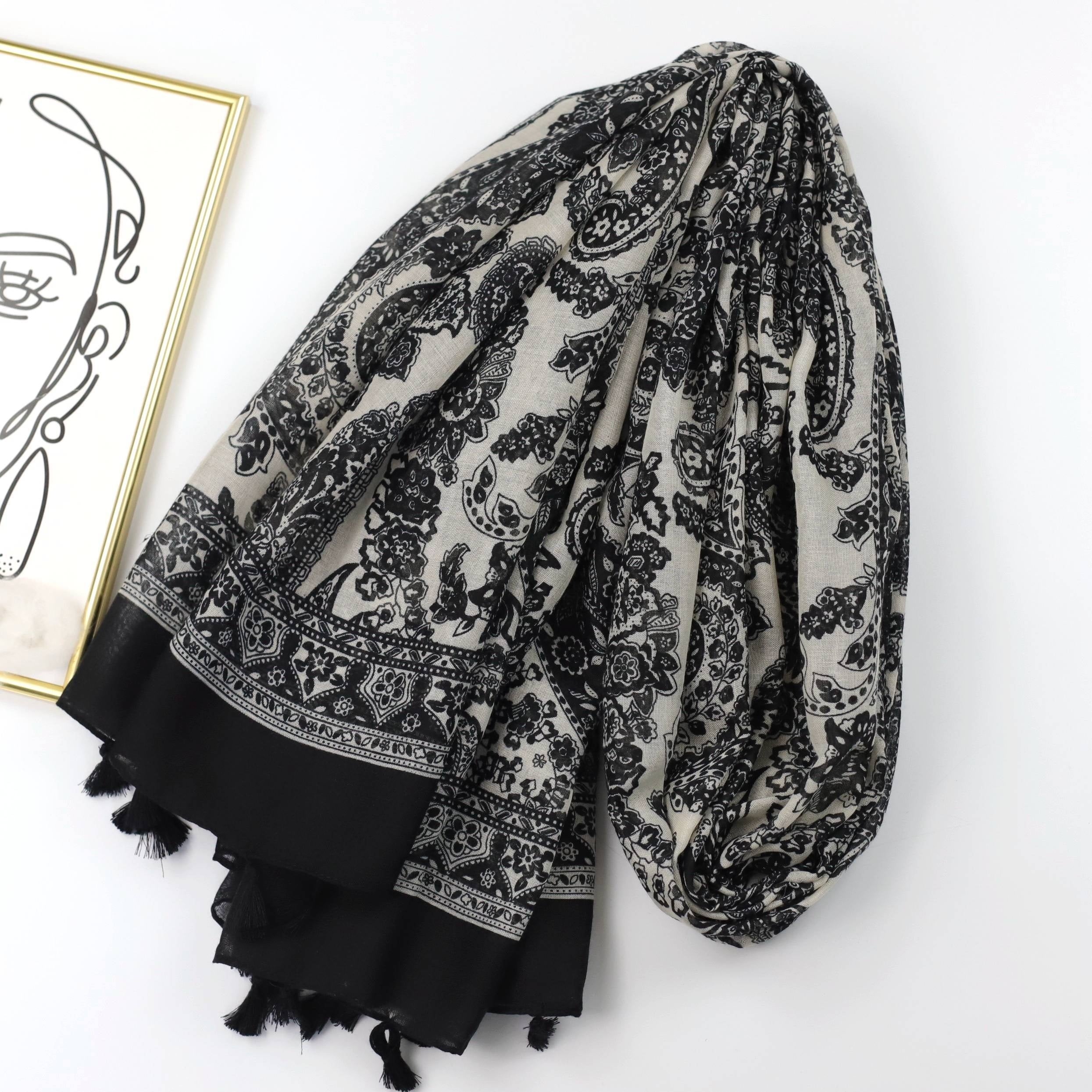 Floral Print Scarf Boho Tassel Shawl Classic Head Wrap