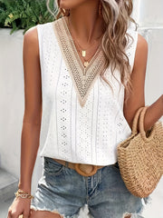 Eyelet Lace V Neck Tank Top Sleeveless Summer Casual Women's Clothing