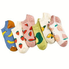 6 Pairs Women Socks Ankle Sock Fruits Pattern Boat Short Socks