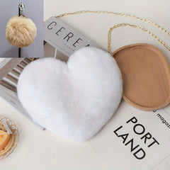 Heart Shape Plush Chain Crossbody Bag with Fur Ball Pendant