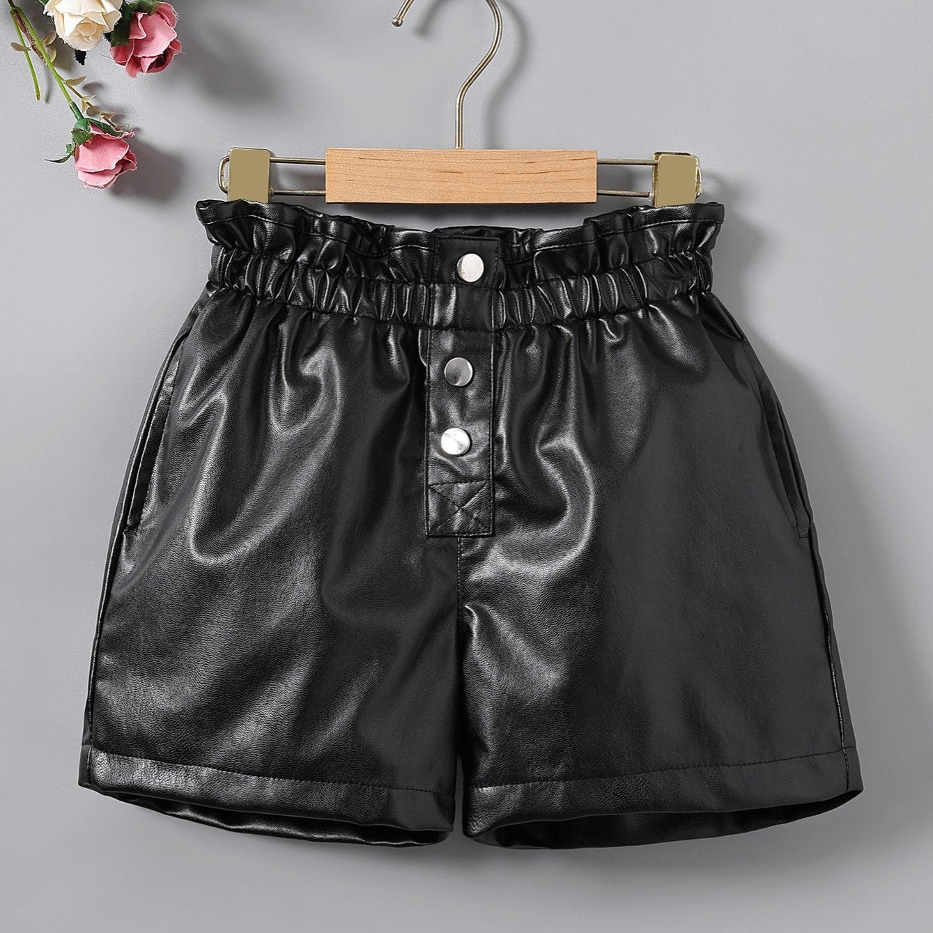 Girls High Waist Ruffles PU Leather Button Shorts