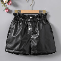 Girls High Waist Ruffles PU Leather Button Shorts
